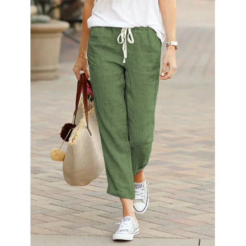 Damen Leinenhose mit Gummibund und Kordelzug, Cropped-Länge