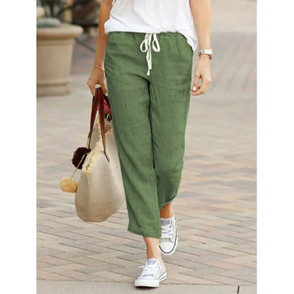Damen Leinenhose mit Gummibund und Kordelzug, Cropped-Länge