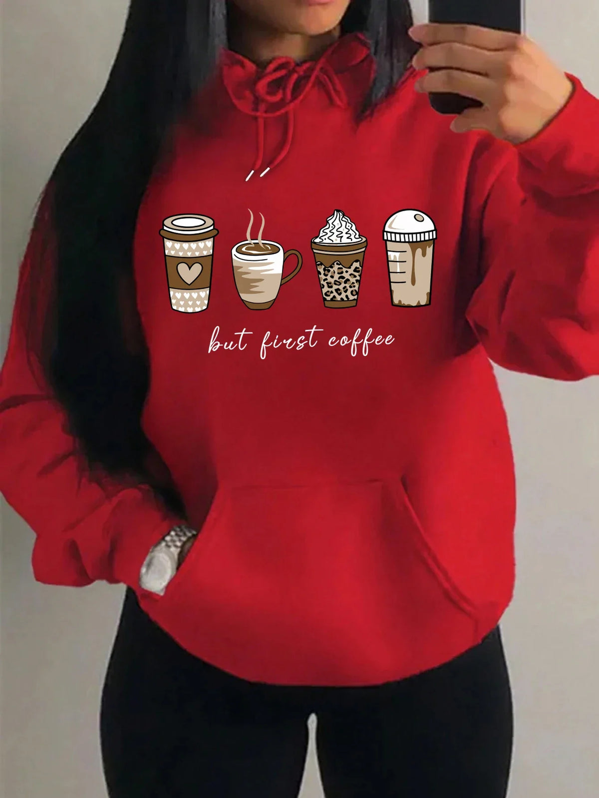 Damen Hoodie "But First Coffee" mit Kaffeetassen-Print Kapuzenpullover