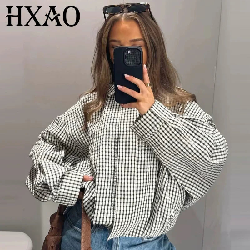 Damen Karo Hemd Stehkragen Oversize Bluse Lange Ärmel