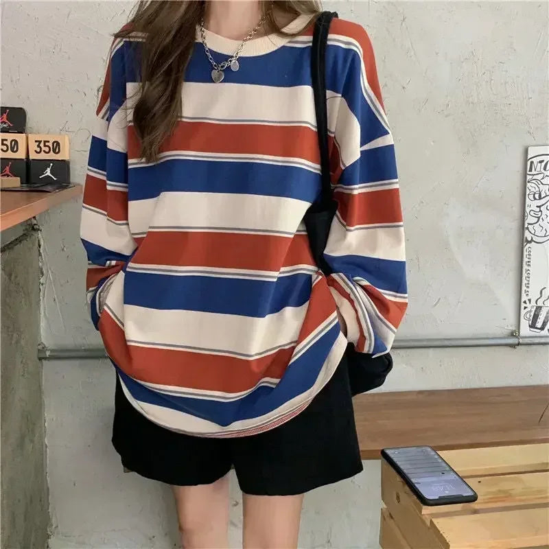 Gestreiftes Langarmshirt Damen Oversized Passform