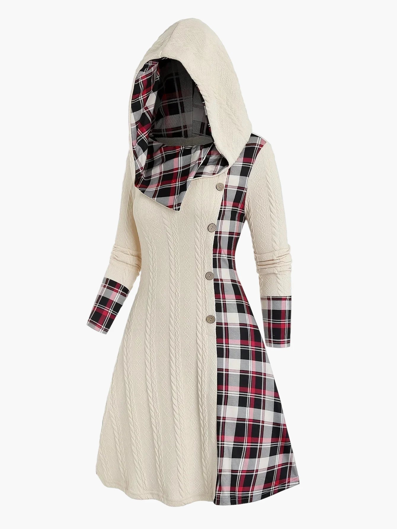 Damen Kapuzenkleid im Strick-Look mit Karomuster – Elegantes Freizeitkleid mit Knopfleiste