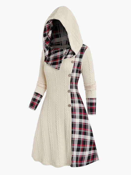 Damen Kapuzenkleid im Strick-Look mit Karomuster – Elegantes Freizeitkleid mit Knopfleiste