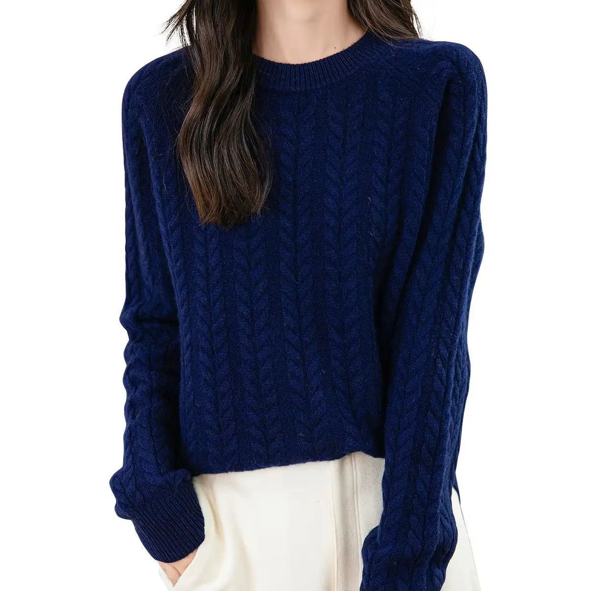 Damen Zopfstrick Pullover Rundhals Langarm Freizeit Strickpullover
