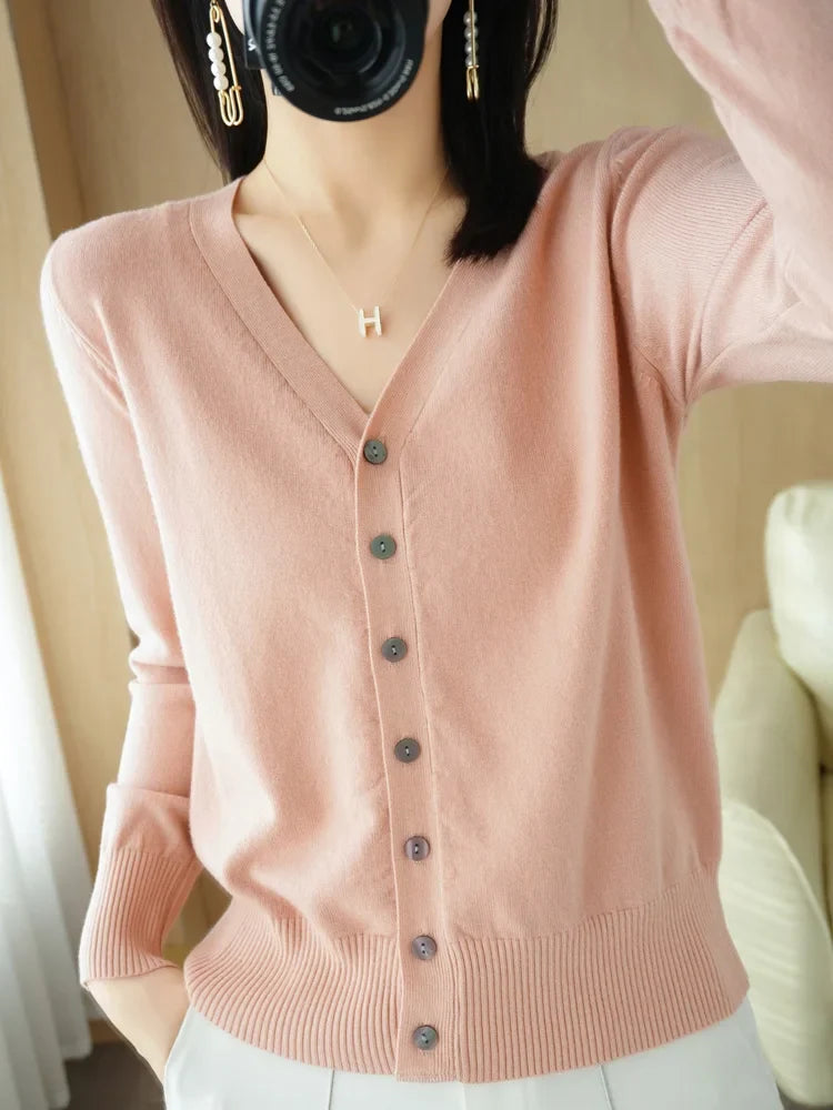 Damen Cardigan V-Ausschnitt Langarm Strickjacke mit Knöpfen