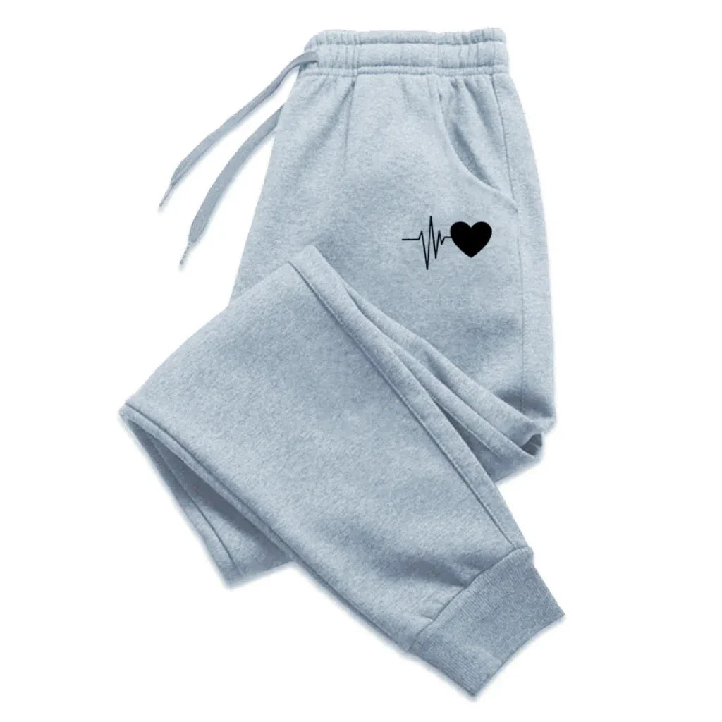 Unisex Jogginghose mit Herzschlag-Print, Kordelzug und Bündchen, Grau Melange
