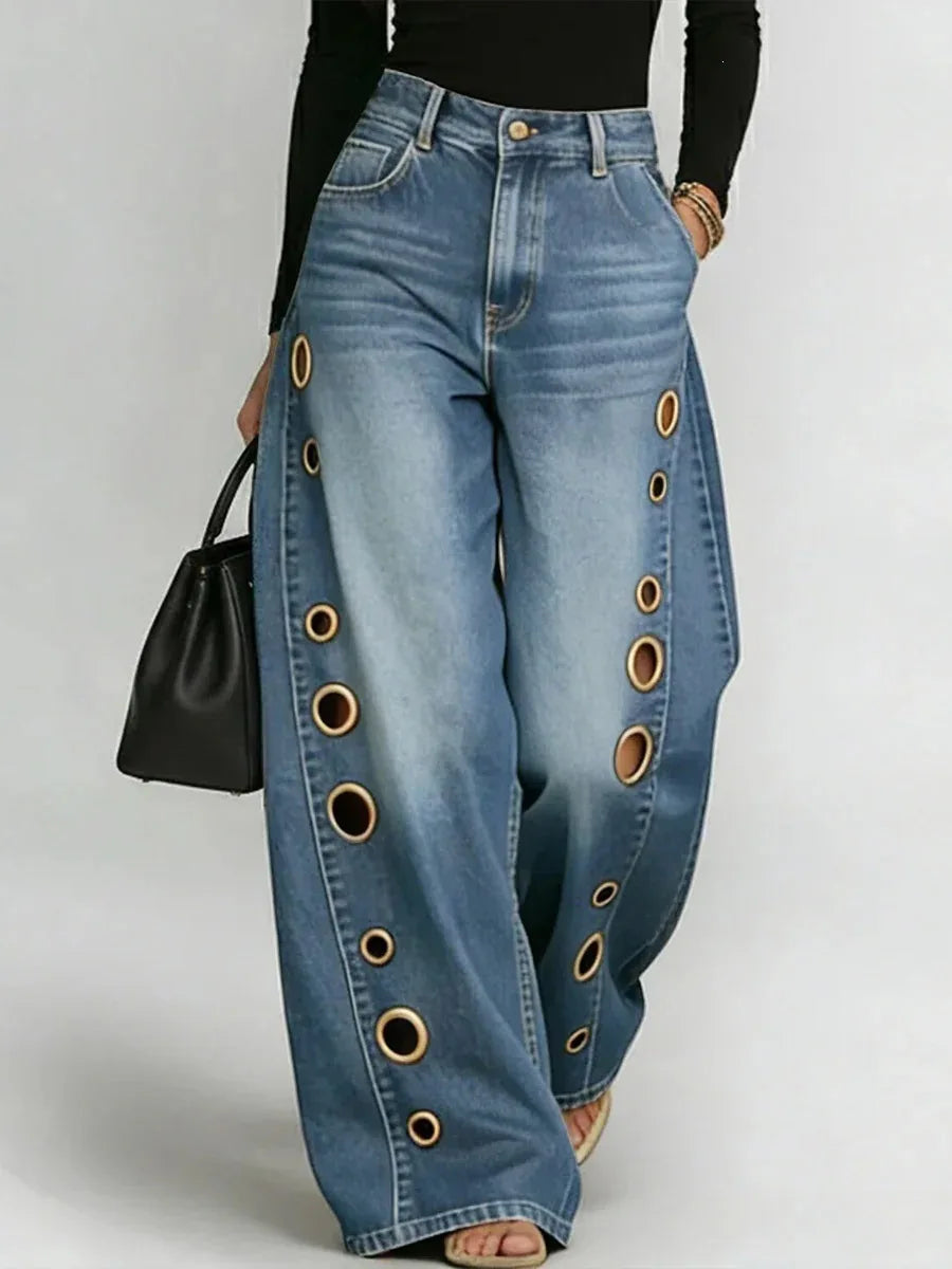 Damen Weite Jeans Hose mit Ösen Details und Hohem Bund