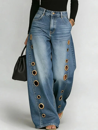 Damen Weite Jeans Hose mit Ösen Details und Hohem Bund