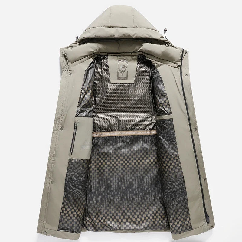 Herren Winter Steppmantel Lang mit Kapuze Schwarz