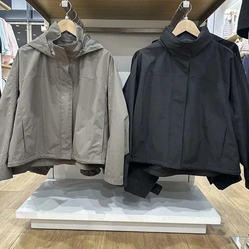 Damen Kurzjacke mit Kapuze Windbreaker Leichte Übergangsjacke