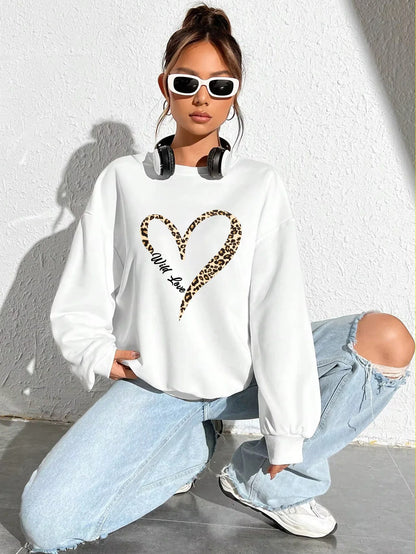 Damen Sweatshirt mit Leopardenherz-Druck Rundhals Langarm Pullover