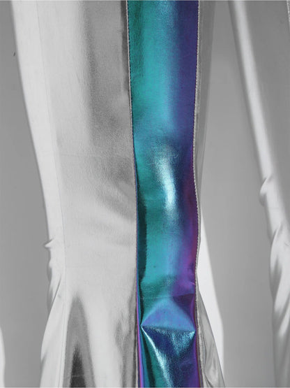 Damen Metallic Schlaghose Silber Glänzend Hohe Taille