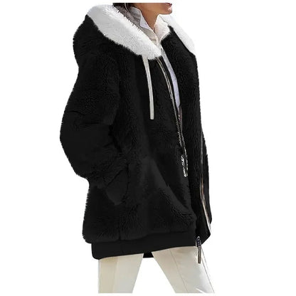 Damen Flauschige Kapuzenjacke mit Reißverschluss und Bauchtaschen