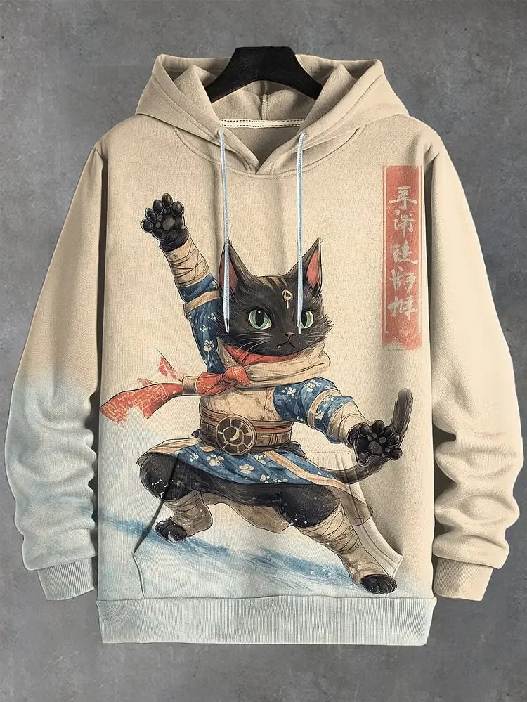 Hoodie mit Katzen-Print Kampfkunst-Motiv Beige Unisex Kapuzenpullover Kängurutasche