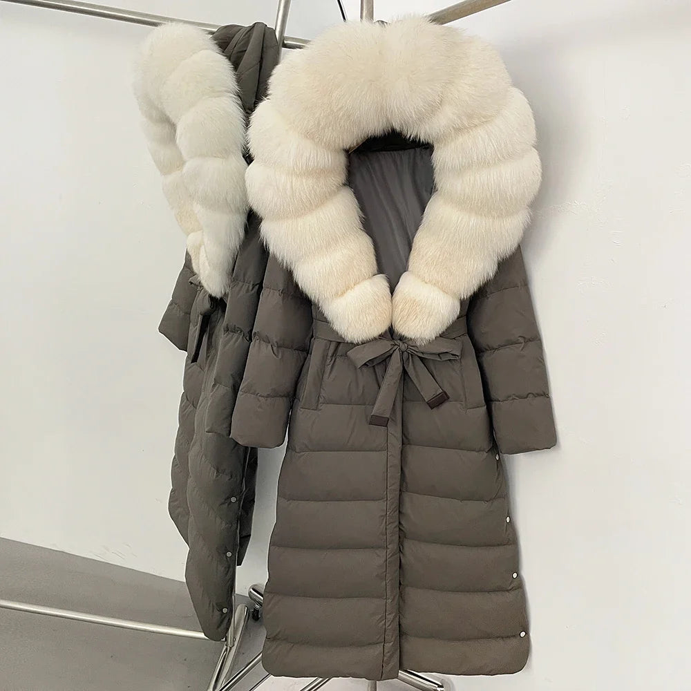 OFTBUY Grote Echte Vos Bontkraag X-Lange Puffer Jas Vrouwen Capuchon Winter Witte Eend Down Jas Dikke Vrouwelijke parka Met Riem