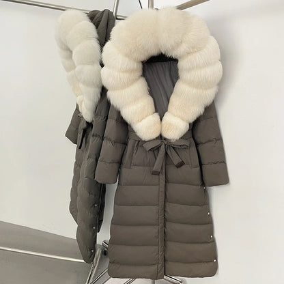 OFTBUY Grote Echte Vos Bontkraag X-Lange Puffer Jas Vrouwen Capuchon Winter Witte Eend Down Jas Dikke Vrouwelijke parka Met Riem