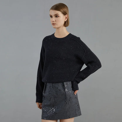 Damen Grobstrick Pullover Rundhals Langarm Weiß