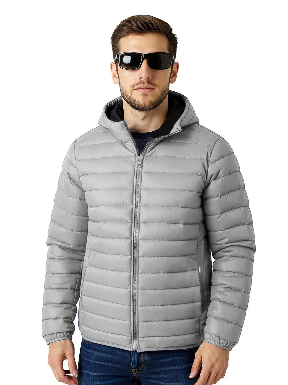 Gesteppte Daunenjacke mit Kapuze für Herren, Reißverschluss, Winterjacke