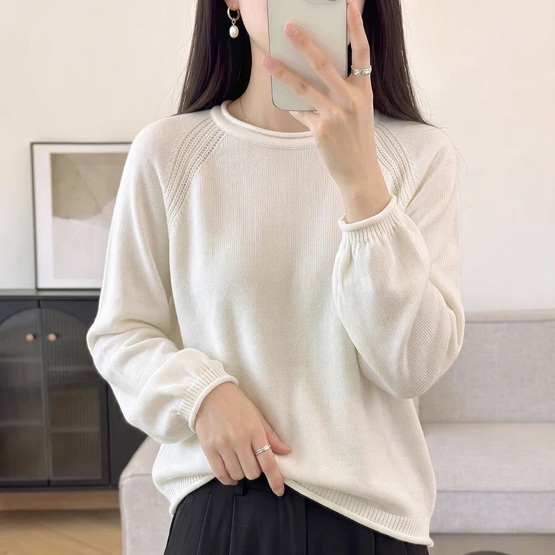 Damen Pullover Rundhals Langarm Strickpullover lockerer Schnitt