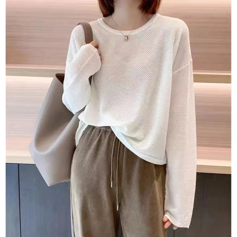 Damen Langarmshirt Rundhals Strukturmuster Lockerer Schnitt