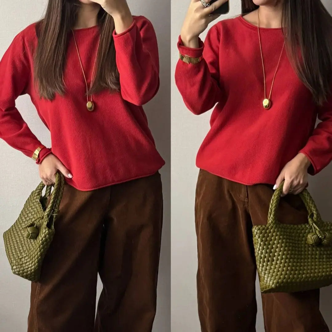 Damen Langarm Pullover mit Rundhalsausschnitt Freizeit Strick-Oberteil