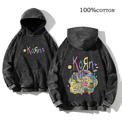 Unisex Kapuzenpullover Grau verwaschen mit Band-Print Vorn & Hinten