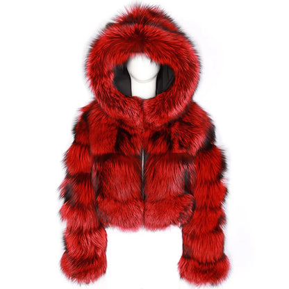 Kurze Damen Pelzimitat Jacke mit Kapuze und langen Ärmeln