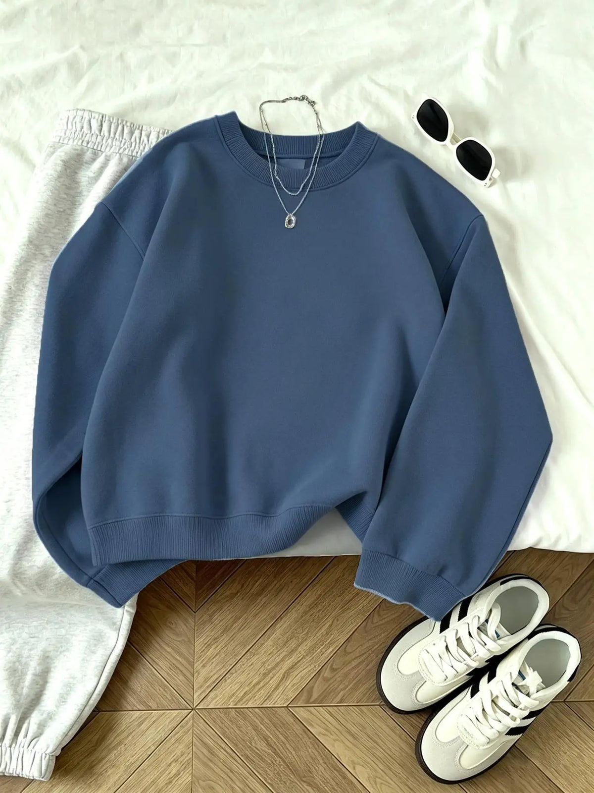 Unisex Basic Rundhals Sweatshirt Langarmshirt Rippbündchen Dunkelgrau