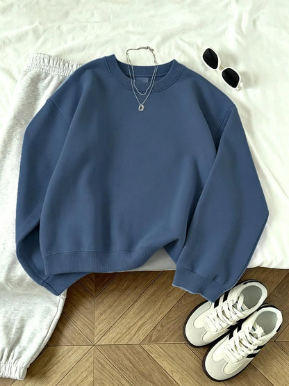 Unisex Basic Rundhals Sweatshirt Langarmshirt Rippbündchen Dunkelgrau
