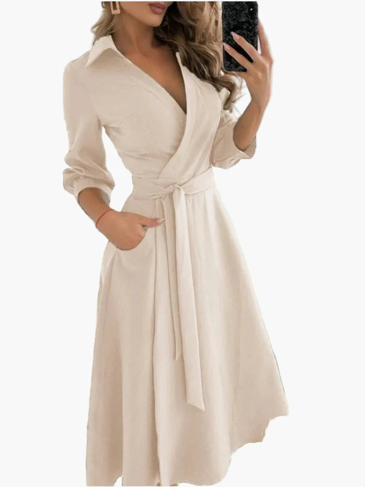 Damen Wickelkleid mit Gürtel – Elegantes Freizeitkleid mit Kragen und 3/4-Ärmeln für Alltag und Büro