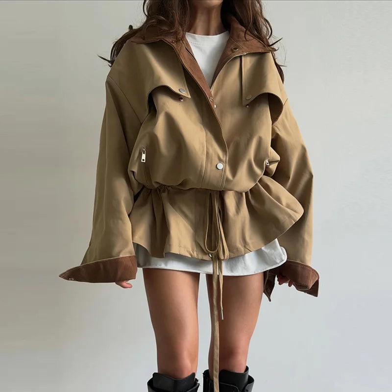 Damen Oversize Jacke mit Kordelzug Trenchcoat Style Khaki