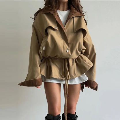 Damen Oversize Jacke mit Kordelzug Trenchcoat Style Khaki