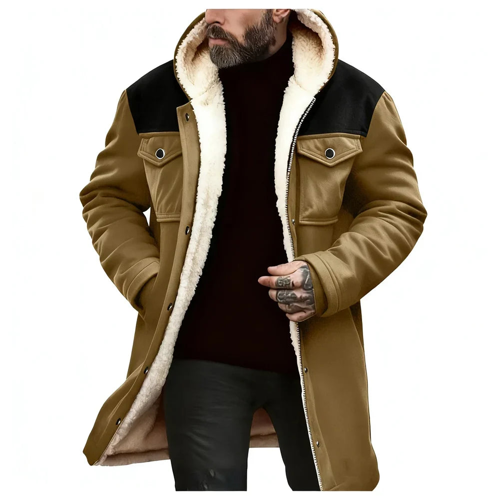 Herren Winterjacke mit Kapuze und Teddyfutter, lang, warm, Schwarz