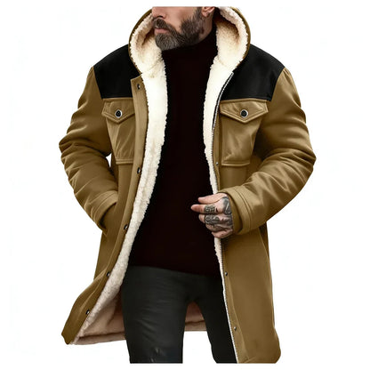 Herren Winterjacke mit Kapuze und Teddyfutter, lang, warm, Schwarz