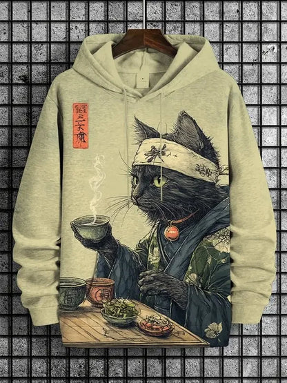 Hoodie mit Katzen-Print Kampfkunst-Motiv Beige Unisex Kapuzenpullover Kängurutasche