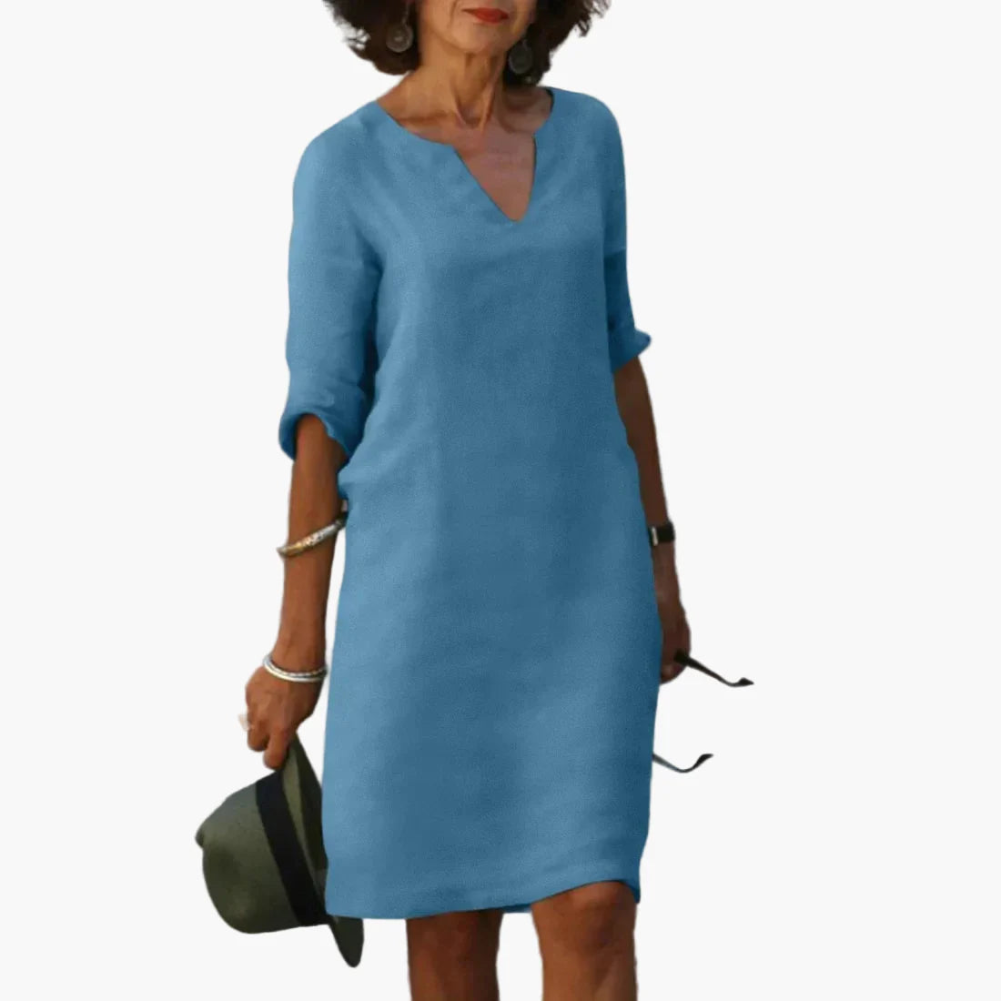 Damen Kleid mit V-Ausschnitt und 3/4-Ärmeln – Eleganter Freizeit- und Büro-Look