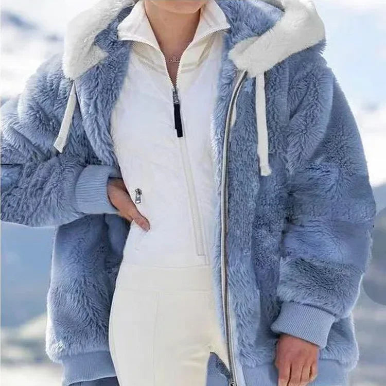 Damen Teddyfell Jacke mit Kapuze Reißverschluss Mehrfarbig Blockstreifen Winter