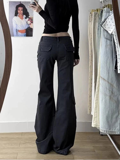 Damen Cargo Hose Weites Bein Dunkelgrau Low Waist Flare Jeans