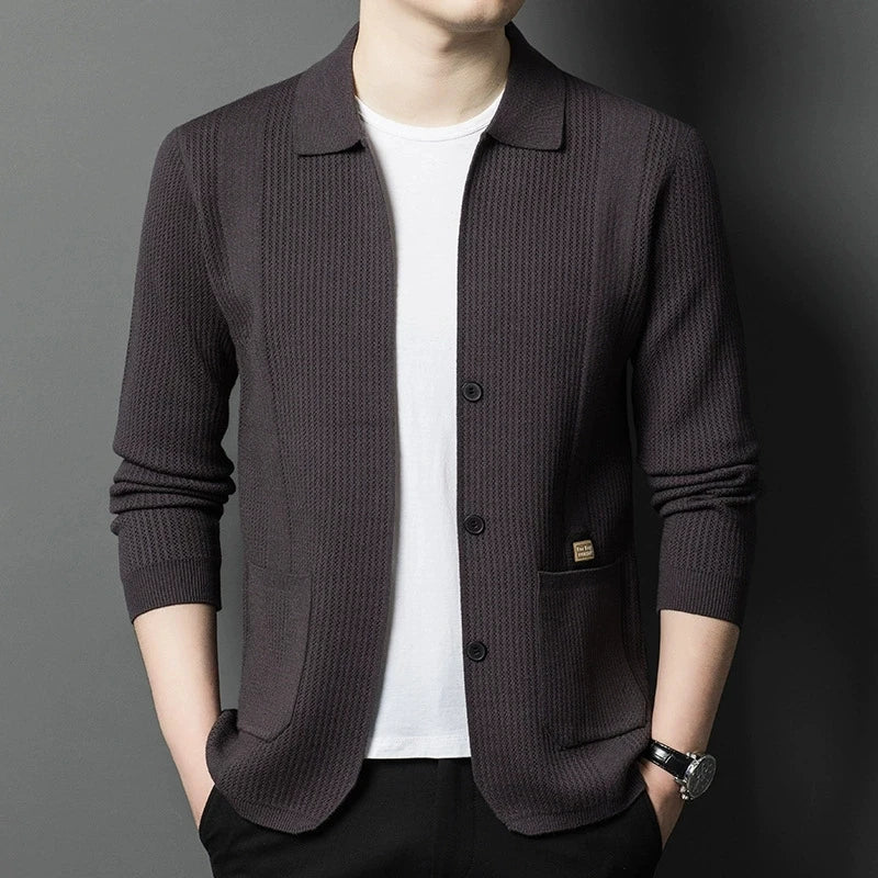 Herren Cardigan Strickjacke gerippt Reverskragen Beige
