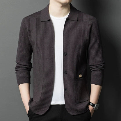 Herren Cardigan Strickjacke gerippt Reverskragen Beige