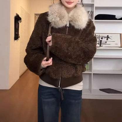 Damen Jacke mit Plüschkragen Reißverschluss Teddy-Optik Braun