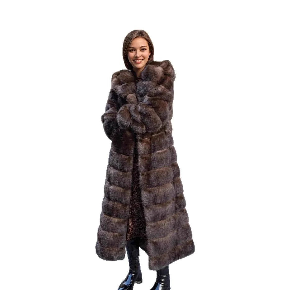 Damen Langer Mantel Braun mit Kapuze & weicher Textur