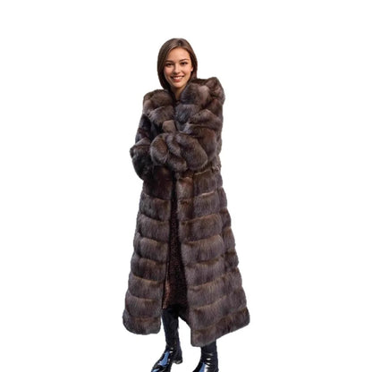 Damen Langer Mantel Braun mit Kapuze & weicher Textur