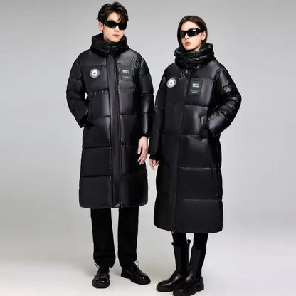 Unisex Langer Steppmantel Schwarz mit Kapuze und Reißverschluss, Wintermantel für Damen & Herren