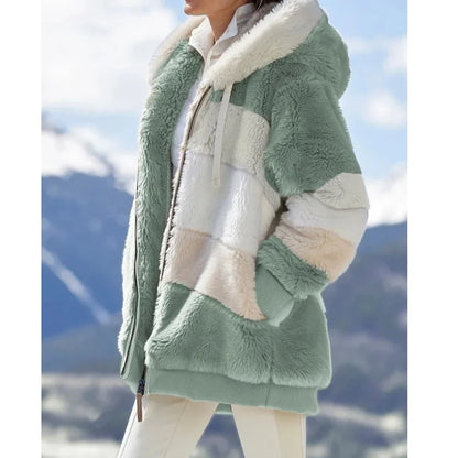 Damen Teddyfell Jacke mit Kapuze Reißverschluss Mehrfarbig Blockstreifen Winter
