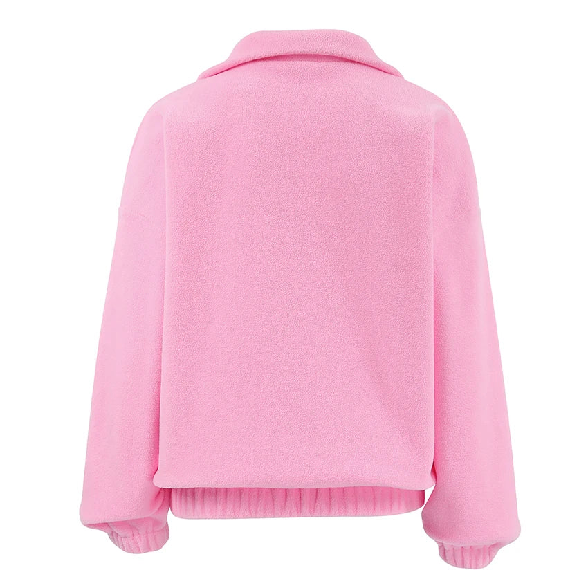 Damen Fleece Pullover Pink mit Reißverschluss Stehkragen