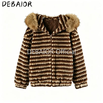 Gestreifte Teddy-Jacke mit Kapuze und Kunstfellbesatz