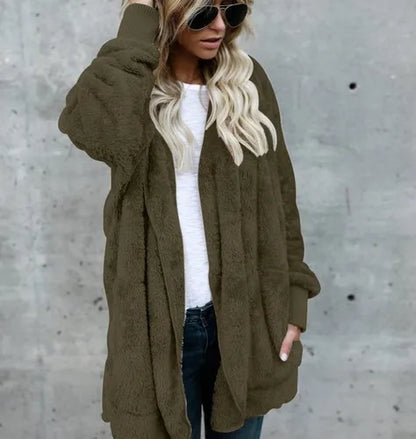 Damen Kuscheliger Teddyfell Cardigan Langarm Offene Vorderseite