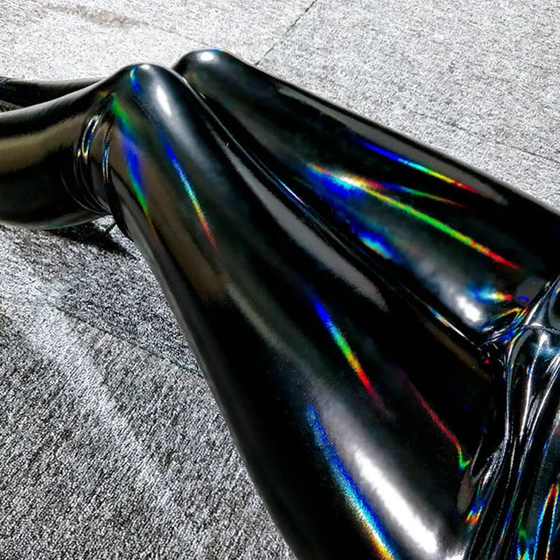 Holographische Leggings für Damen Schwarz Glänzend Bunt Reflektierend