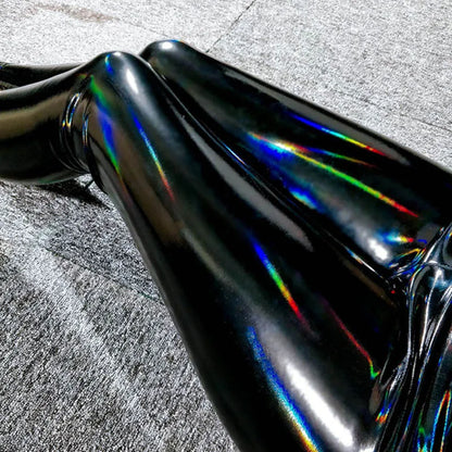Holographische Leggings für Damen Schwarz Glänzend Bunt Reflektierend